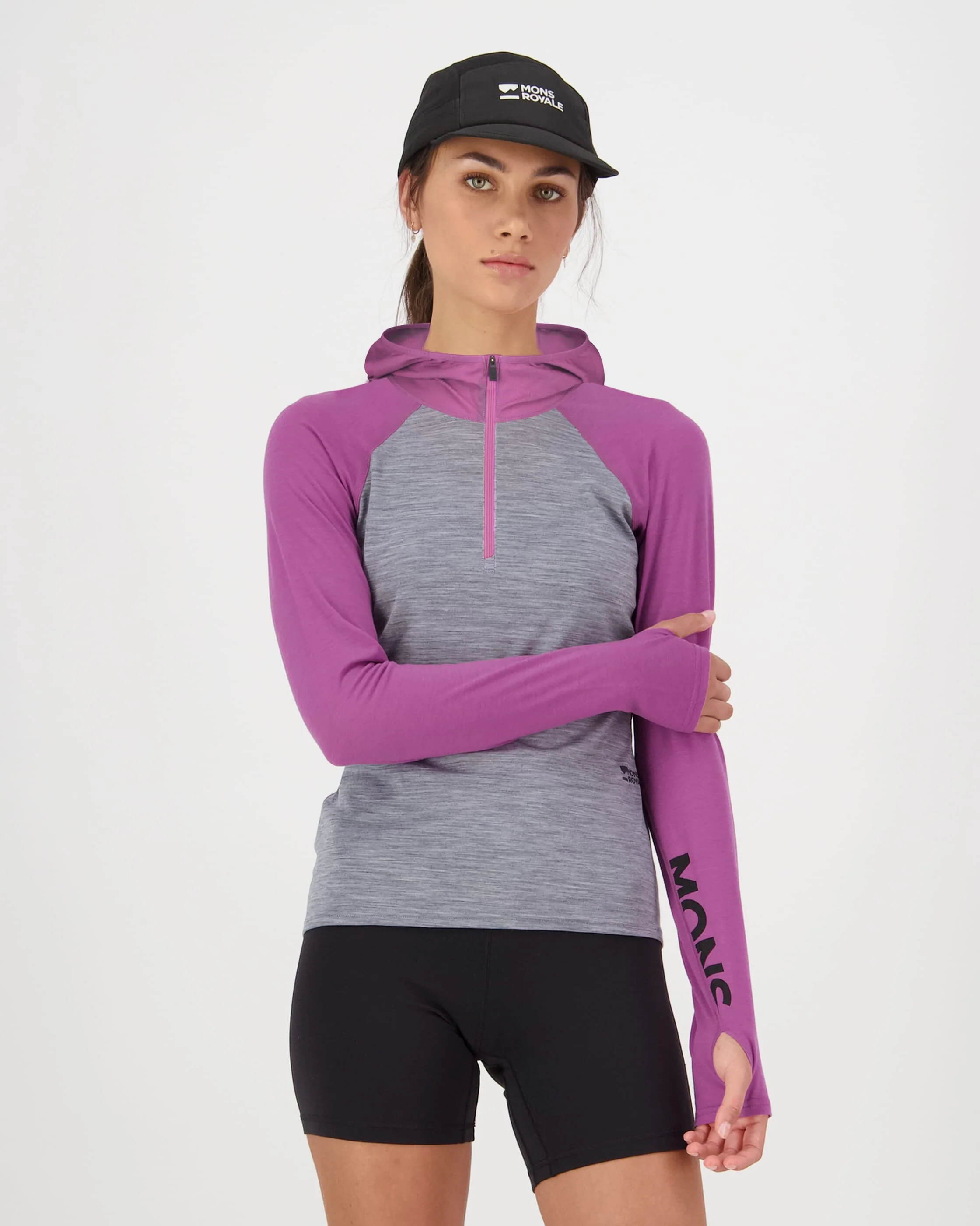 Bella Merino Long Sleeve Hood - Purple Bolt / Grey Heather | Women's Long Sleeve Top