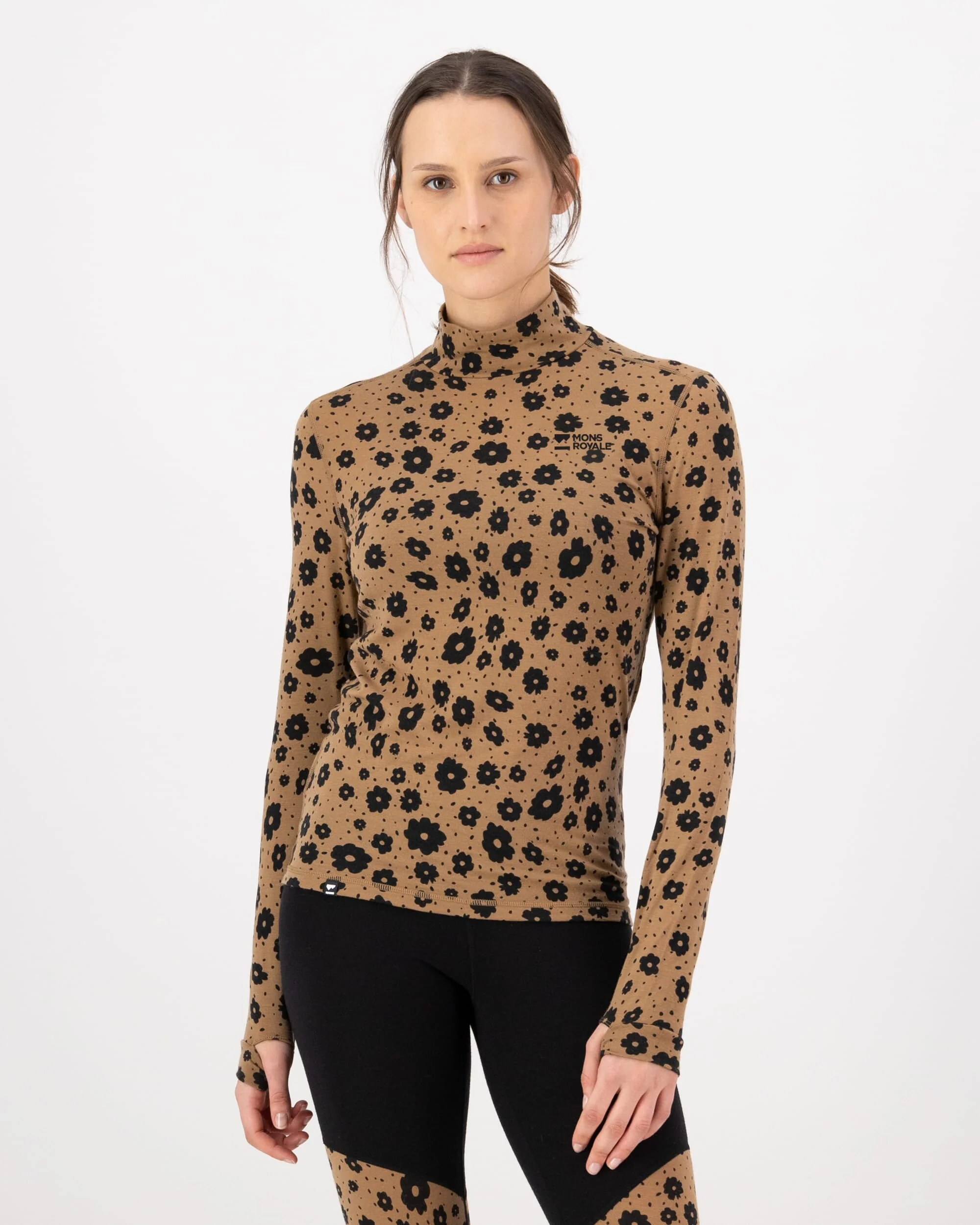 Cascade Merino Base Layer Mock Neck Long Sleeve - Aoraki Lily Toffee | Women's Long Sleeve Top