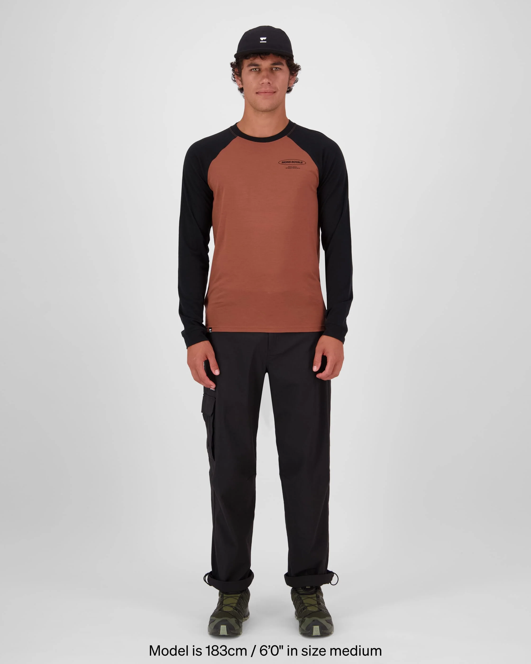 Icon Merino Raglan Long Sleeve - Cinnamon / Black | Men's Long Sleeve Top - Image 3