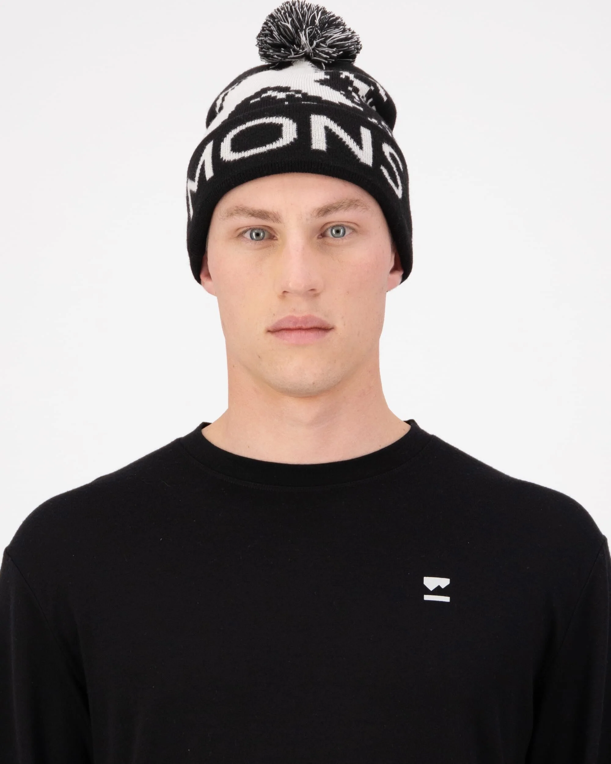 Mtn Pixel Merino Pom Pom Beanie - Black / White | Unisex Beanie - Image 3