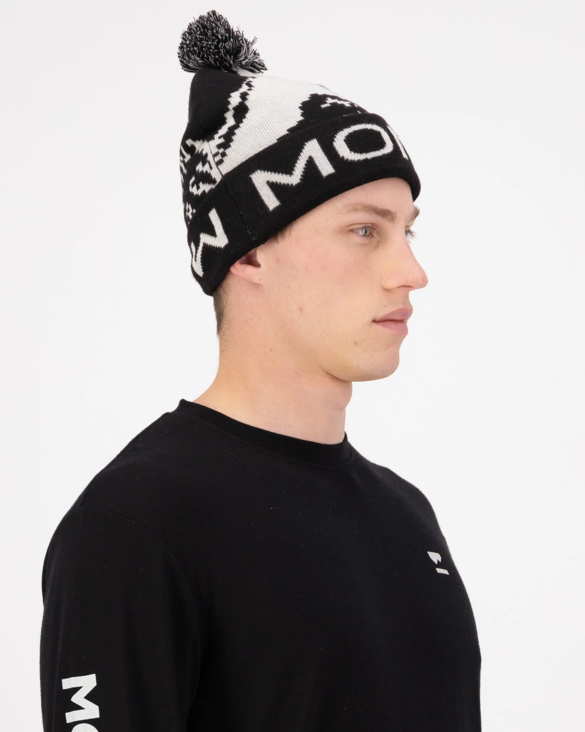 Mtn Pixel Merino Pom Pom Beanie - Black / White | Unisex Beanie - Image 4