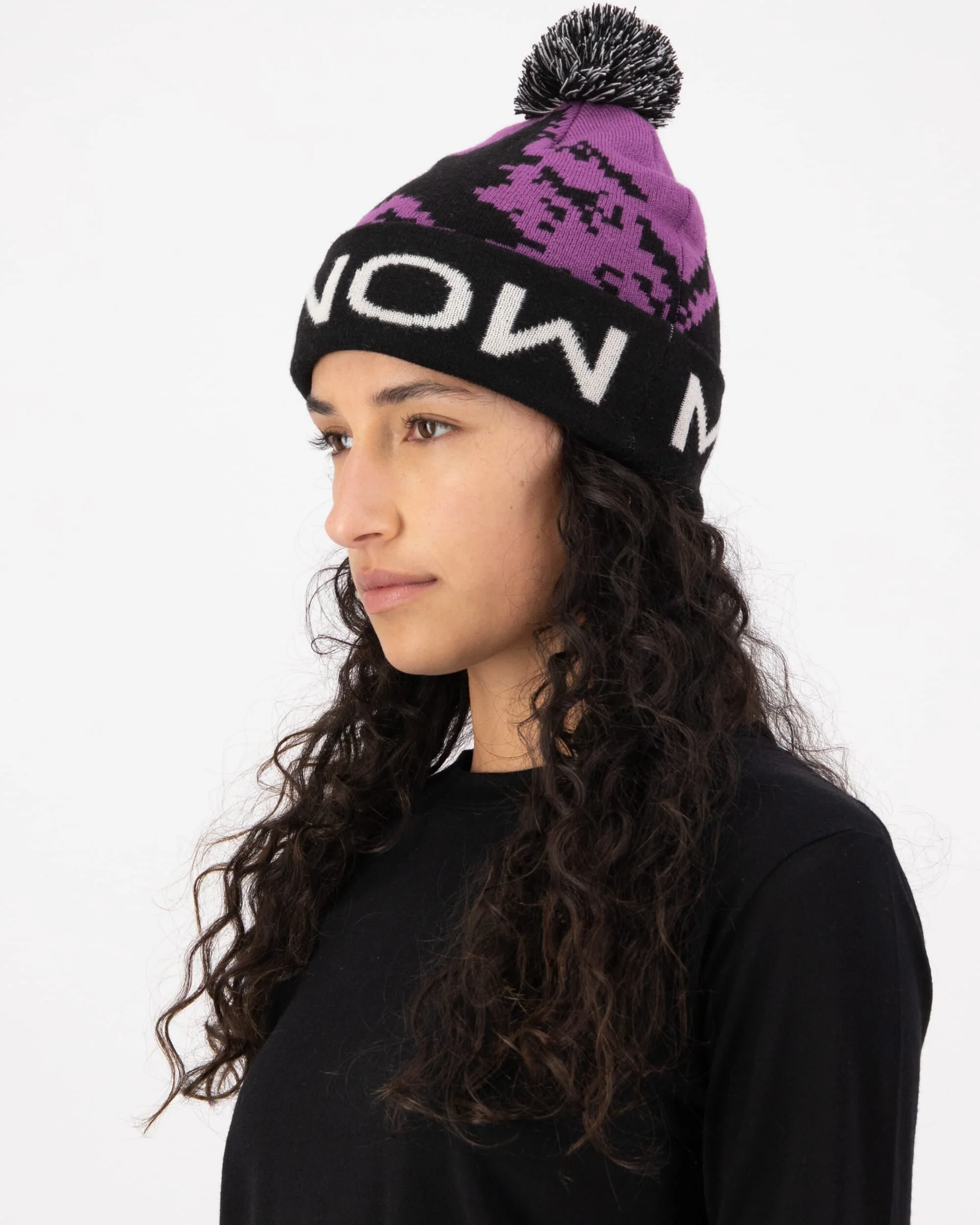 Mtn Pixel Merino Pom Pom Beanie - Purple Bolt / Black | Unisex Beanie - Image 3