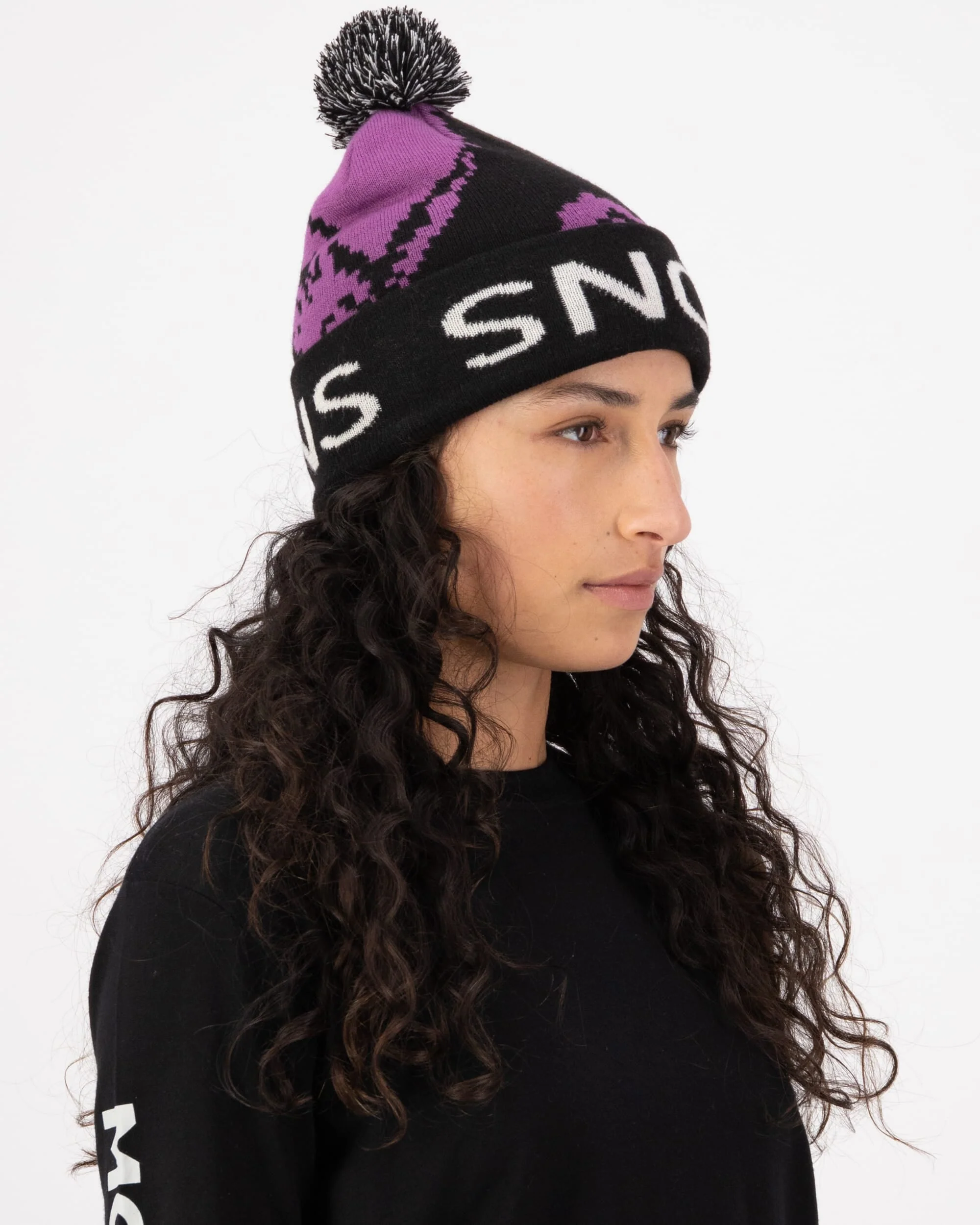 Mtn Pixel Merino Pom Pom Beanie - Purple Bolt / Black | Unisex Beanie - Image 4