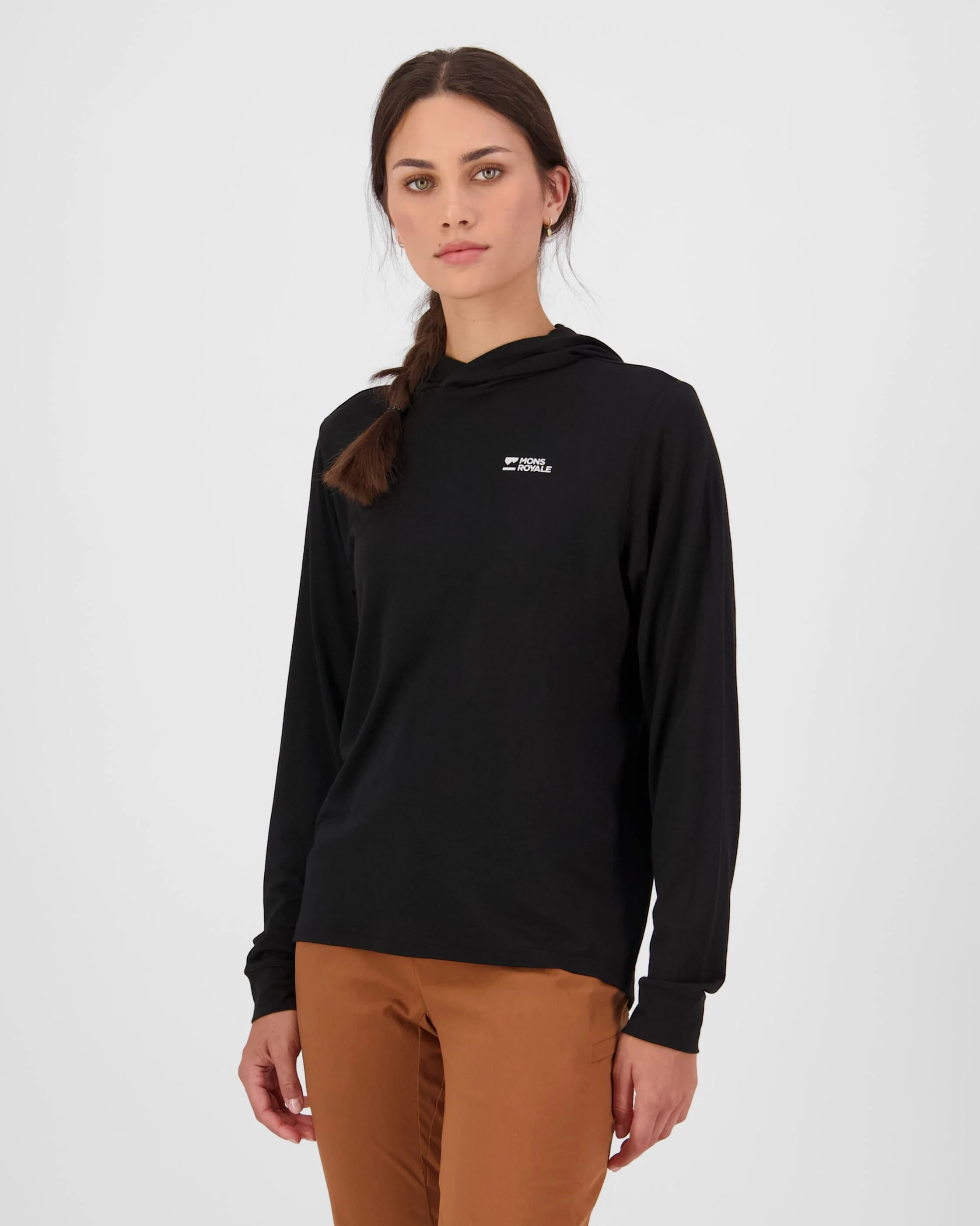 Pivot Merino Long Sleeve Hood - Black | Women's Long Sleeve Top