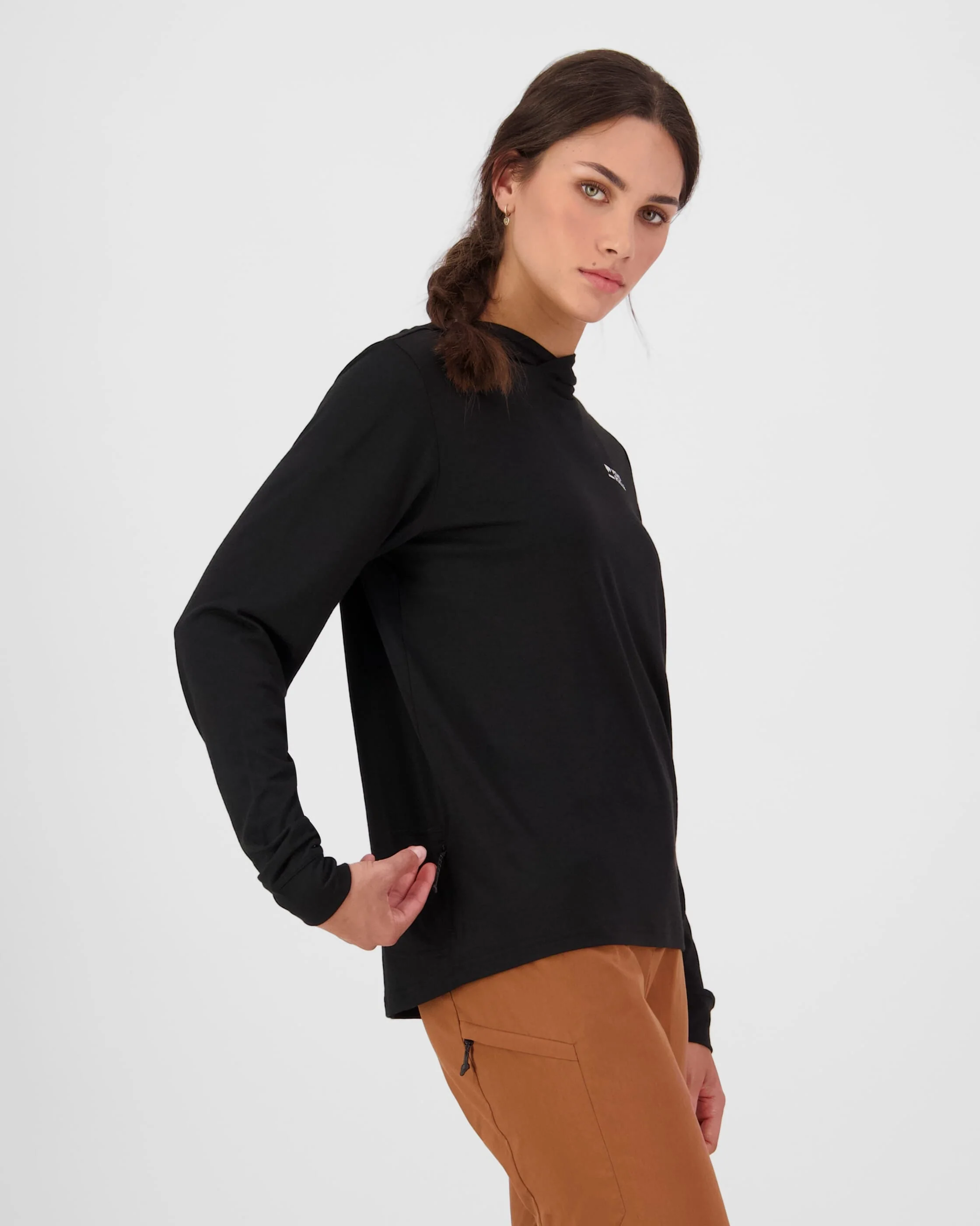 Pivot Merino Long Sleeve Hood - Black | Women's Long Sleeve Top - Image 3