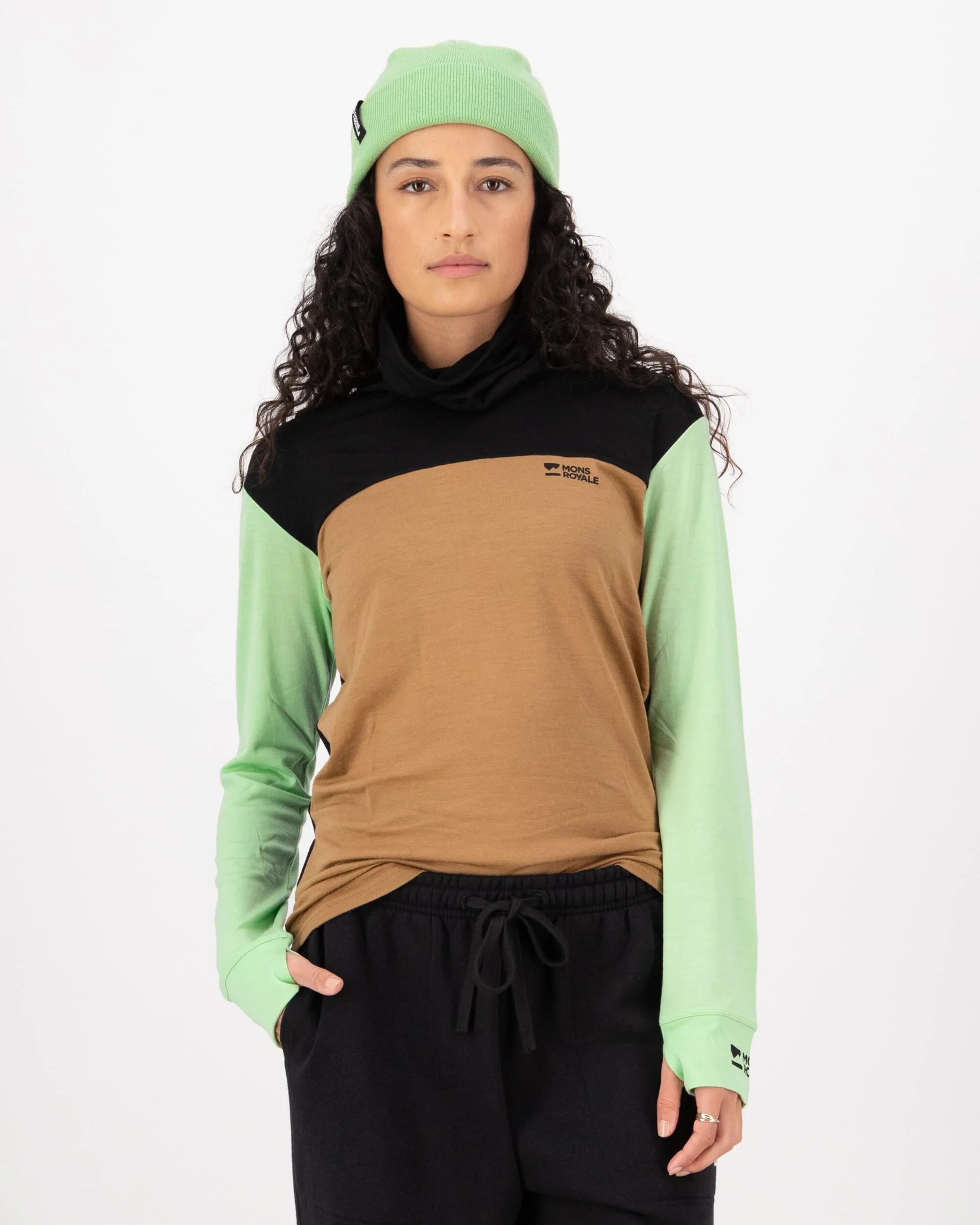 Yotei Merino High Neck Long Sleeve - Matcha / Toffee / Black | Women's Long Sleeve Top - Image 3