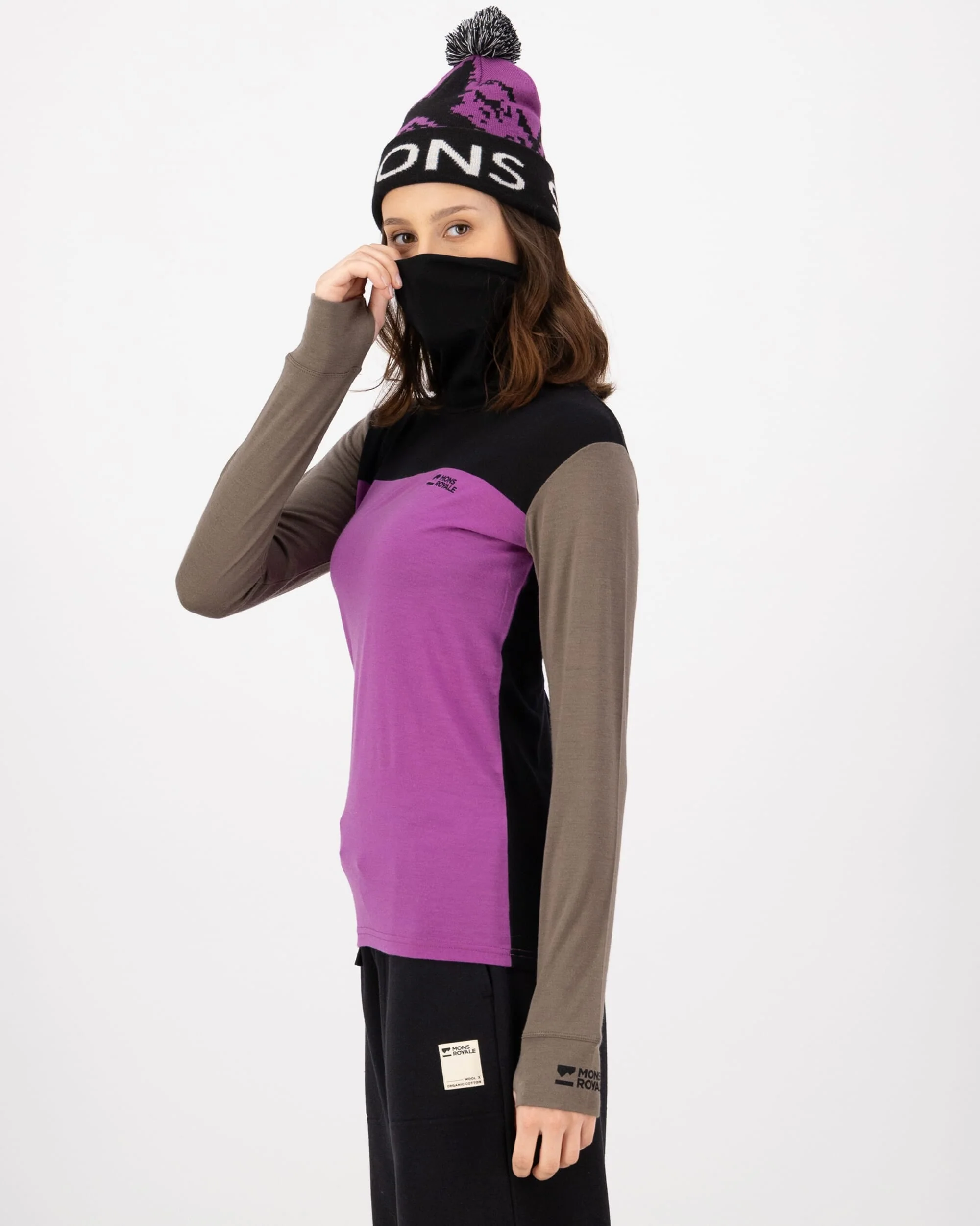 Yotei Merino High Neck Long Sleeve - Purple Bolt / Walnut / Black | Women's Long Sleeve Top