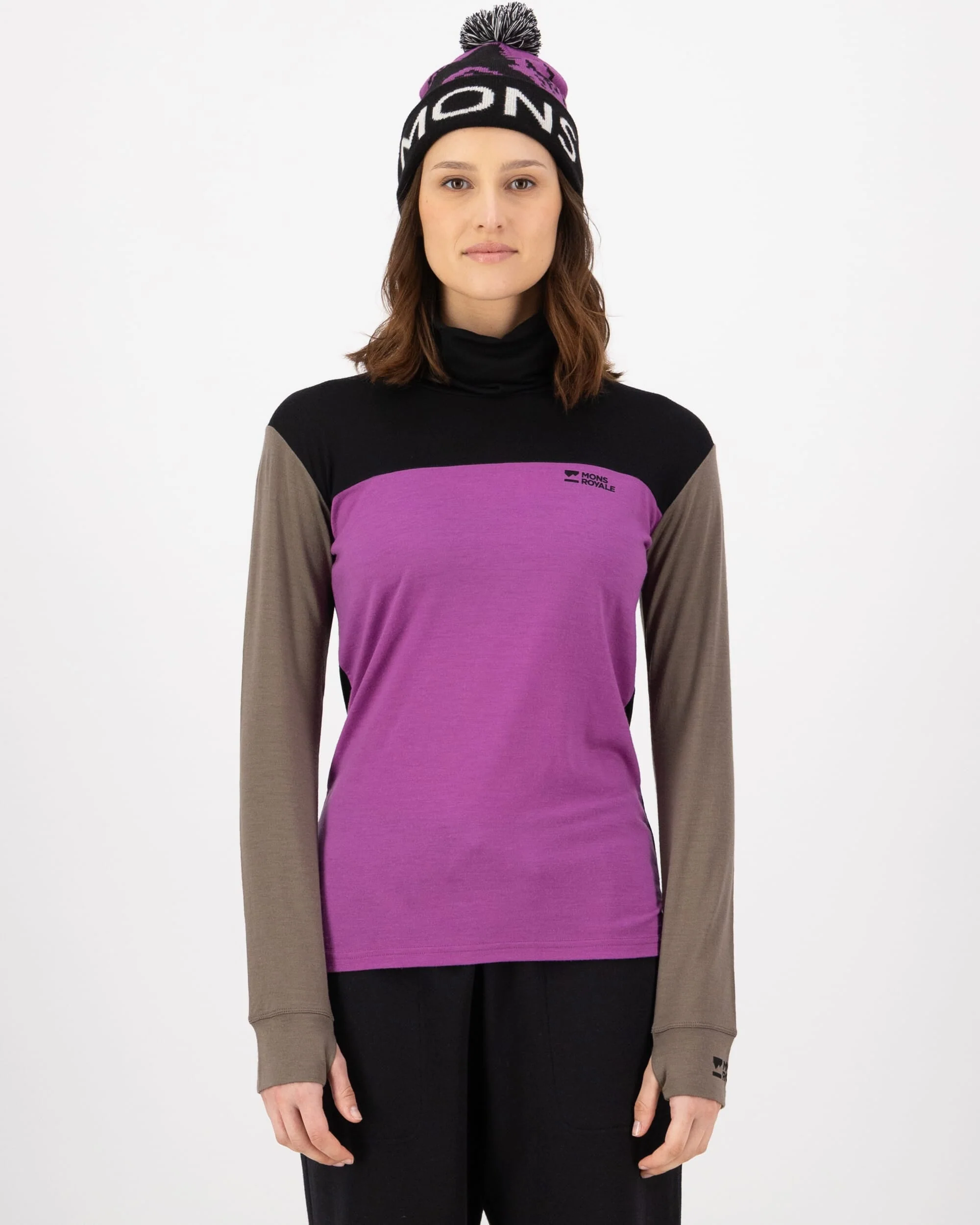 Yotei Merino High Neck Long Sleeve - Purple Bolt / Walnut / Black | Women's Long Sleeve Top - Image 3