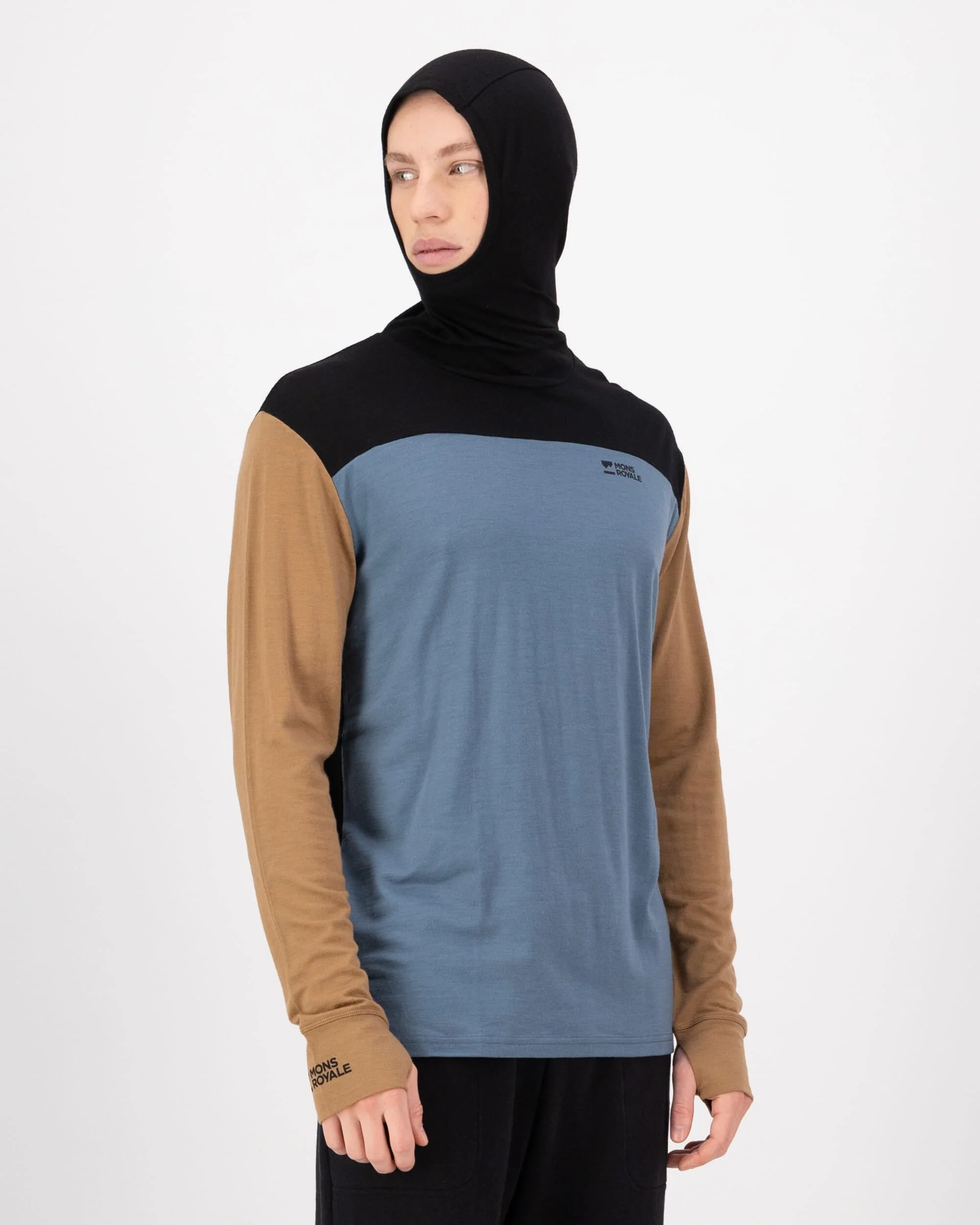 Yotei Merino Powder Hood Long Sleeve - Goblin Blue / Toffee / Black | Men's Long Sleeve Top - Image 3