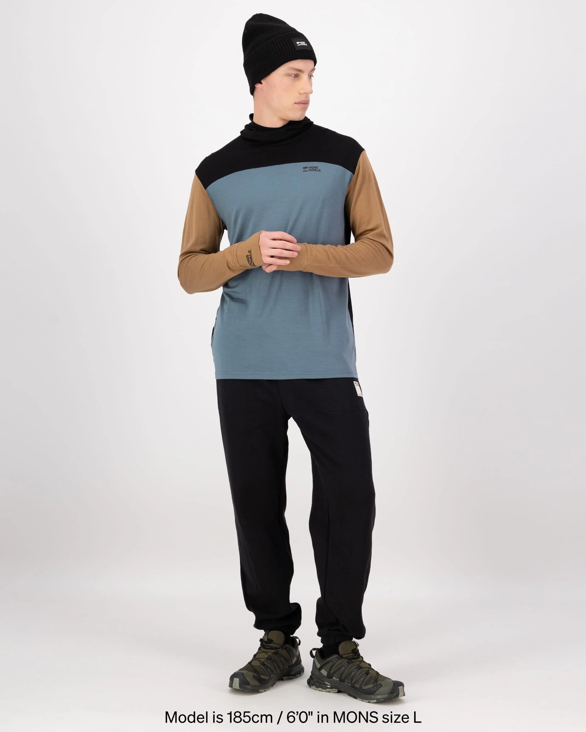 Yotei Merino Powder Hood Long Sleeve - Goblin Blue / Toffee / Black | Men's Long Sleeve Top - Image 4