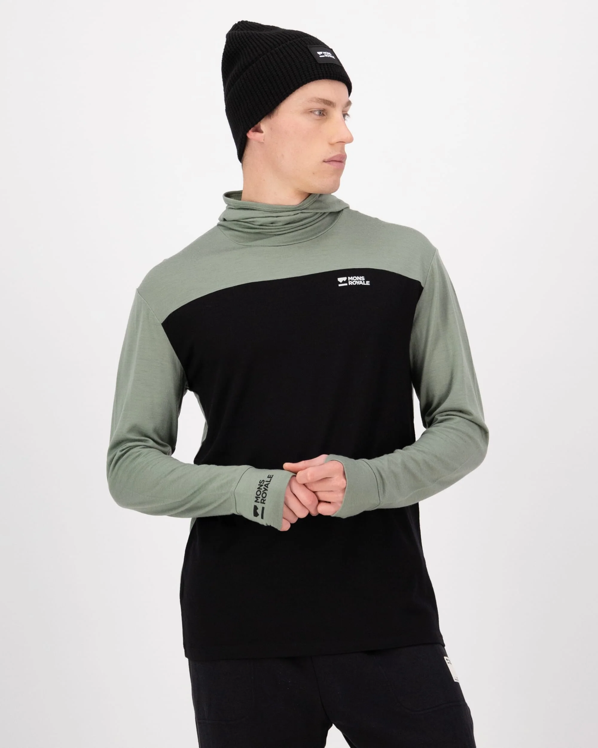 Yotei Merino Powder Hood Long Sleeve - Willow / Black | Men's Long Sleeve Top - Image 3
